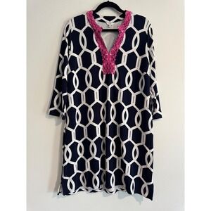 Crown & Ivy Geometric Shift‎ Dress Womens XL Navy Pink Crochet Trim resortwear